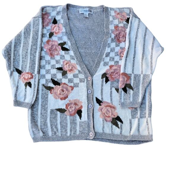 Chrysantheme Sweaters - Vintage  80s Retro Chunky Knit Floral Plaid  Granny Cardigan Sweater Size 18/20